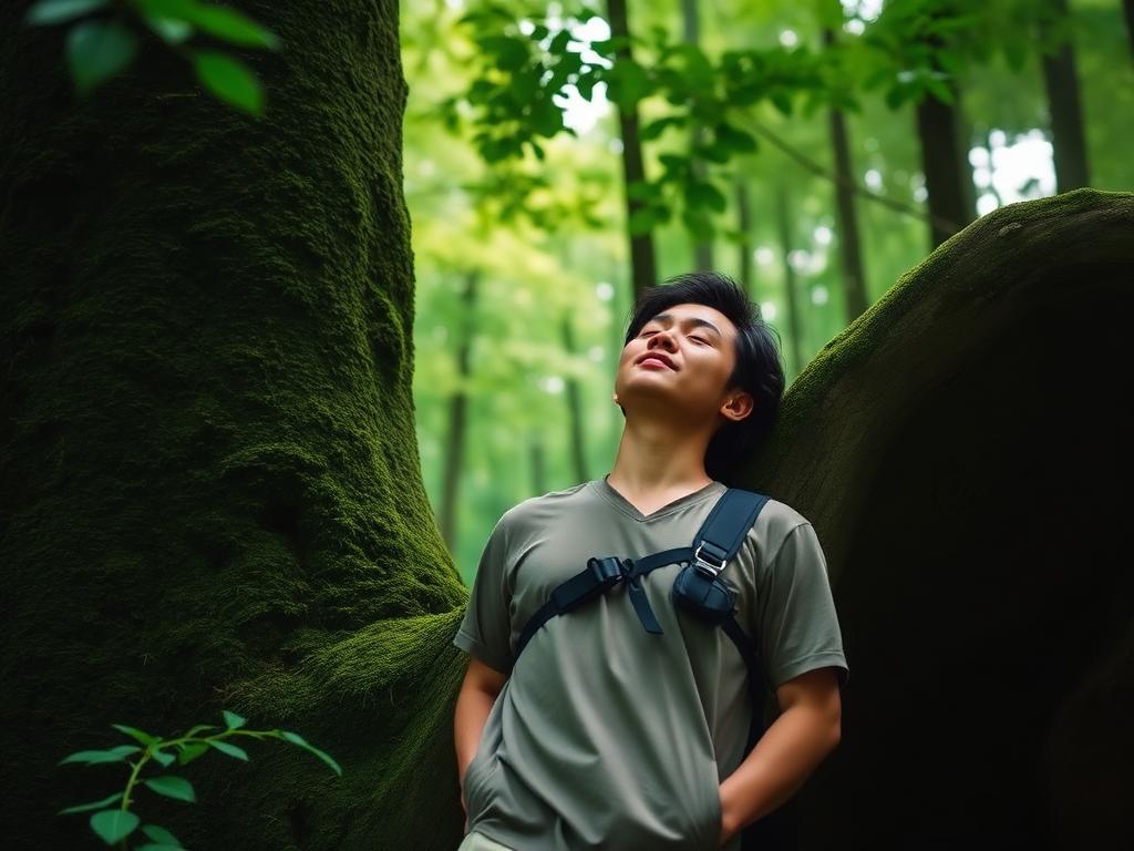 A person resting peacefully against a mossy tree during forest bathing