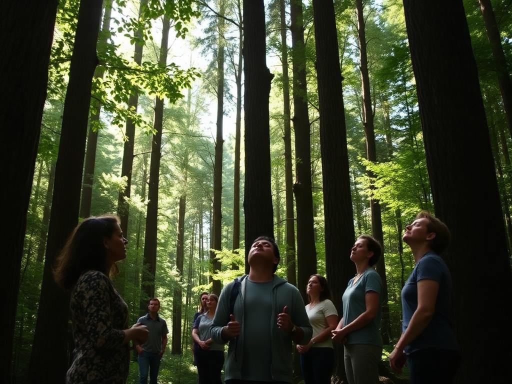 A group pausing among tall trees during a guided forest therapy session