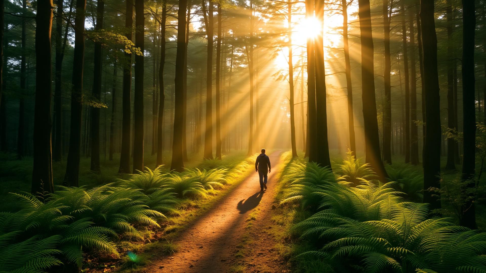 Sunlight streaming through tall trees along a quiet forest path