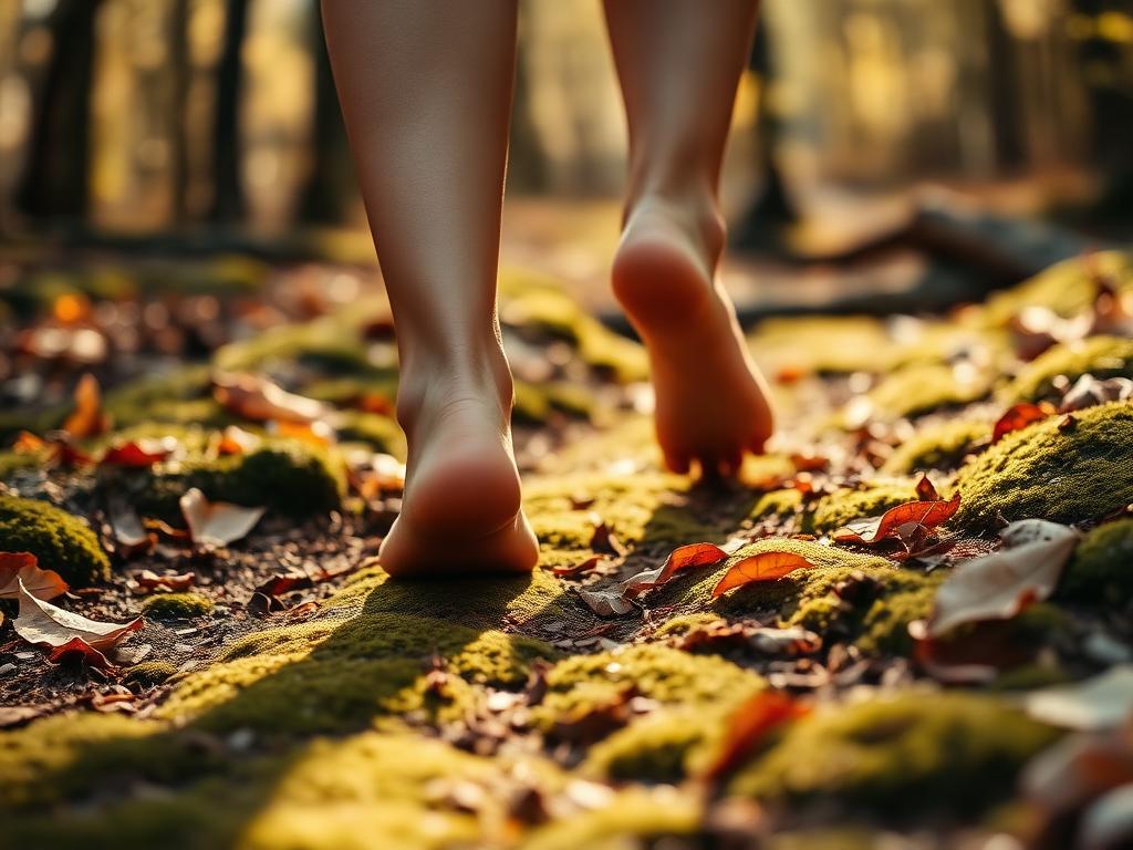 Bare feet walking slowly across a soft, moss-covered forest trail