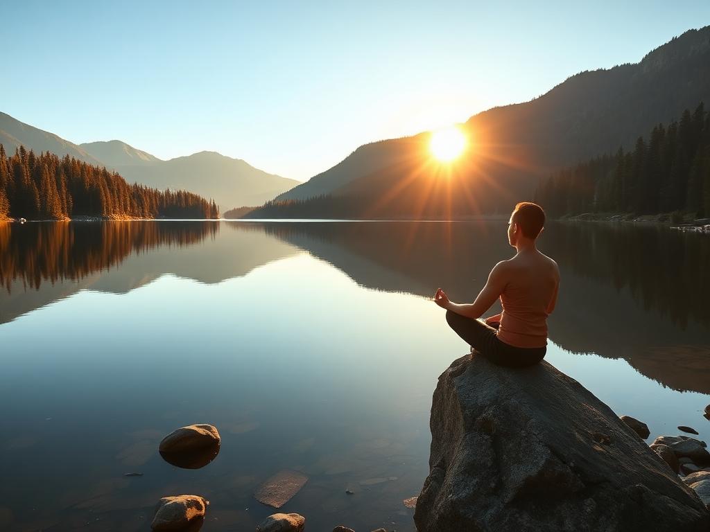 Meditating beside a still lake as the sun rises over the mountains