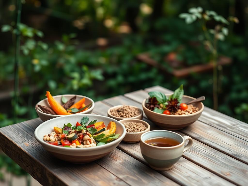 A wholesome plant-based meal served outdoors on a rustic wooden table