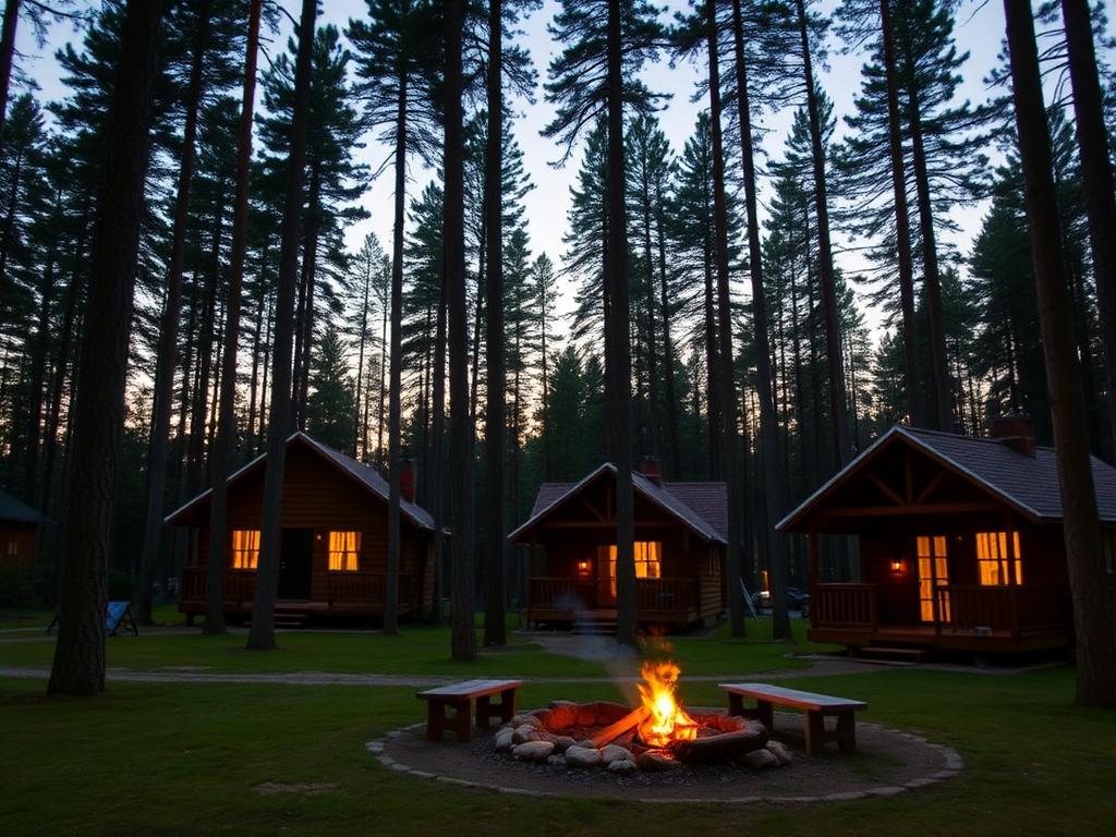 Wooden retreat cabins glowing warmly among tall pines at dusk