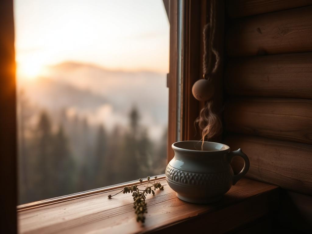 A warm cup of tea on a cabin windowsill above a misty valley