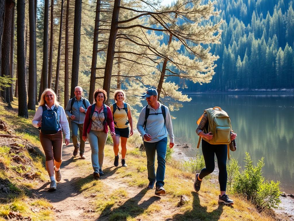 Friends walking a lakeside forest trail together