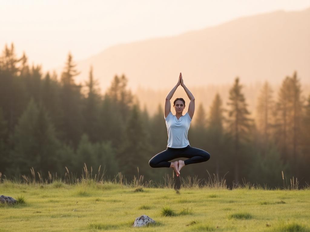 A yoga pose held in a quiet meadow at the edge of the forest